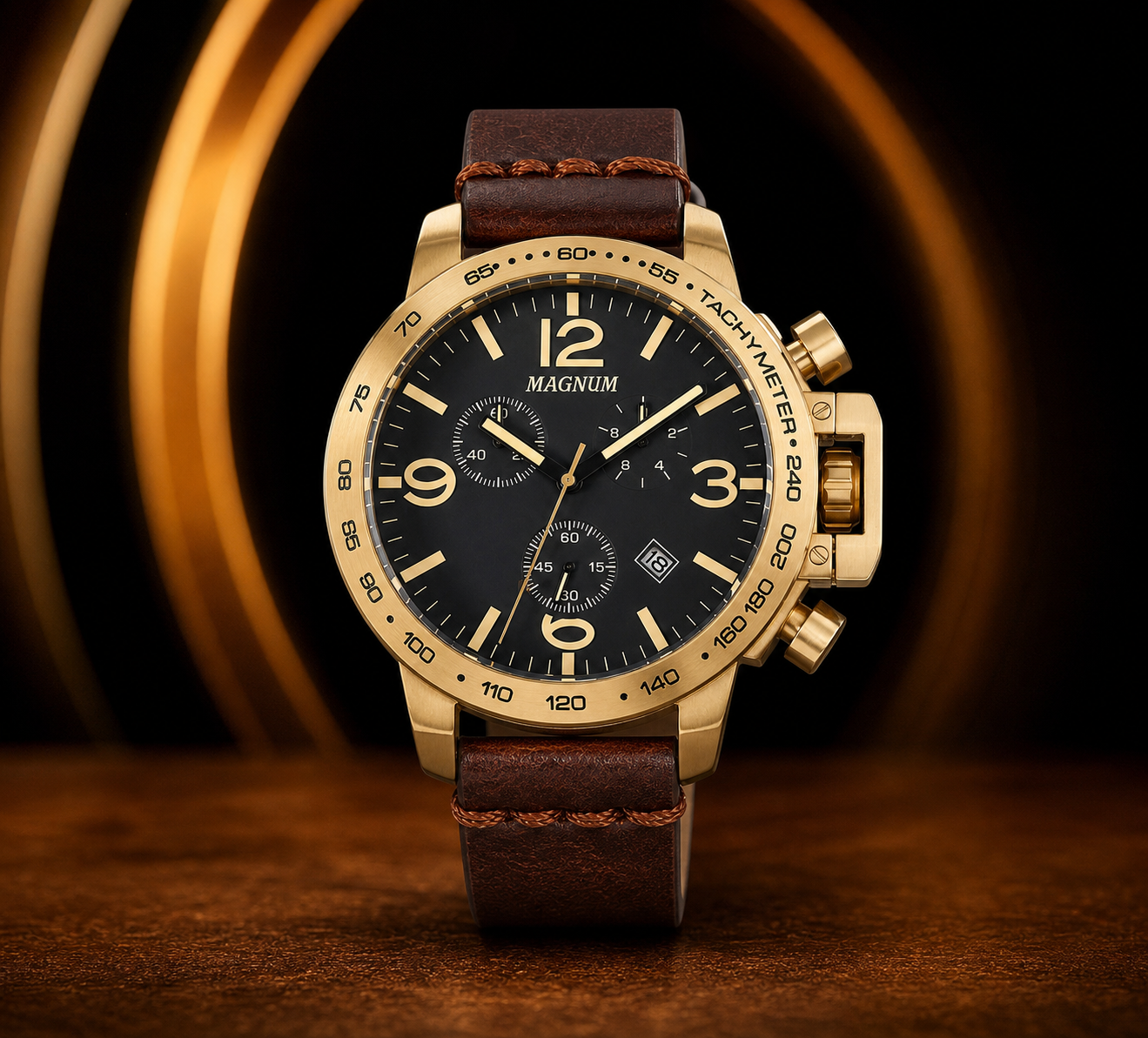 Relógio Magnum dourado com pulseira de couro disponível na RM Multimarcas